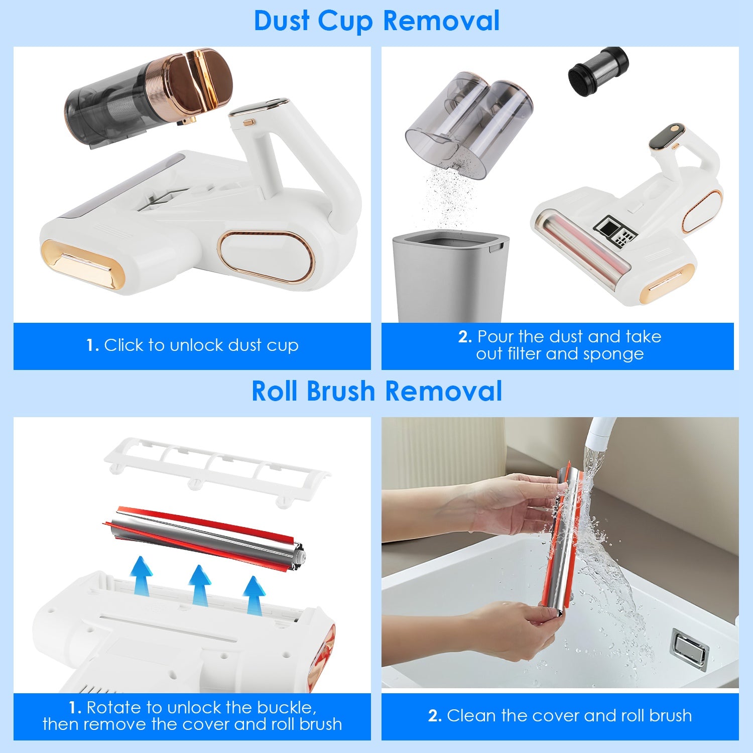 1Pc Mattress Vacuum Cleaner 16Kpa Bed Vacuum Cleaner Handheld Vacuums With Ultrasonic And UVC Light 18000 RPM Brushroll Rotation Dual Dust Bins Washable Filters For Bed Pillows Cribs Sofa