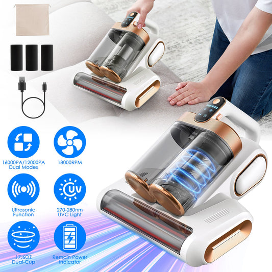 1Pc Mattress Vacuum Cleaner 16Kpa Bed Vacuum Cleaner Handheld Vacuums With Ultrasonic And UVC Light 18000 RPM Brushroll Rotation Dual Dust Bins Washable Filters For Bed Pillows Cribs Sofa