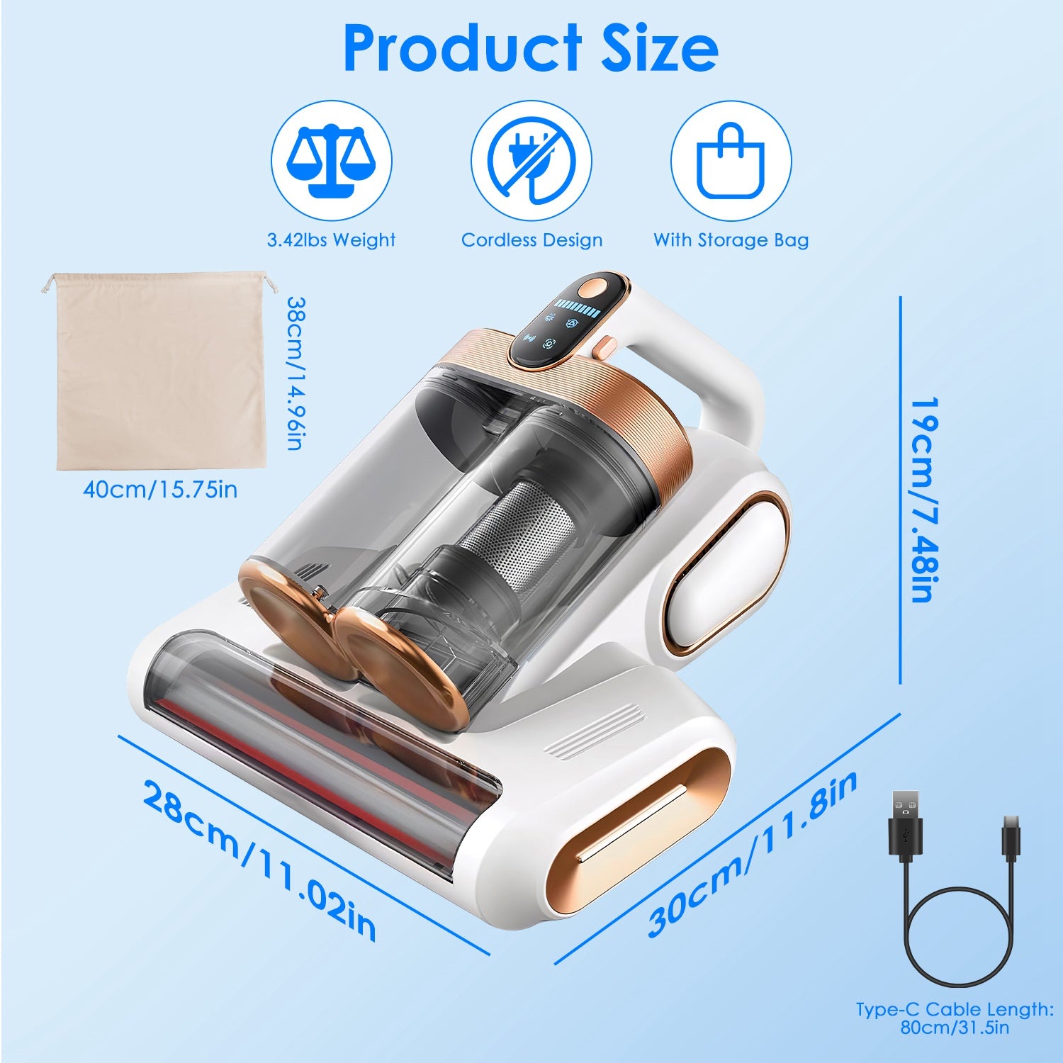1Pc Mattress Vacuum Cleaner 16Kpa Bed Vacuum Cleaner Handheld Vacuums With Ultrasonic And UVC Light 18000 RPM Brushroll Rotation Dual Dust Bins Washable Filters For Bed Pillows Cribs Sofa